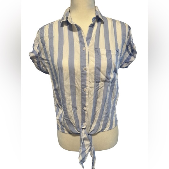 BeachLunchLounge Blue White Striped Tie Front Button Down Shirt Size XS - Picture 2 of 6